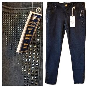 Gunmetal Drip Rhinestone Dark Wash Jeans, Size 7